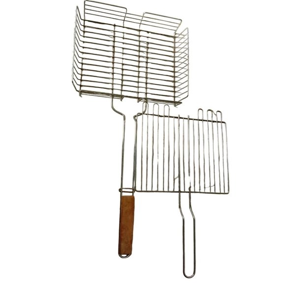 BBQ Grill Basket Barbecue Meat Fish Vegetable Holder 12 x 26 Wood Handle - Picture 2 of 7